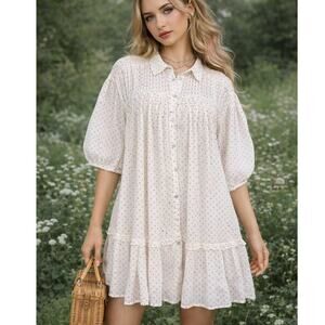 Zara Pintuck Babydoll Dress White Mini Dot Pattern Boho Cottage Size M NWT